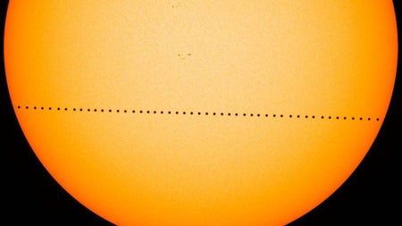 A composite image of Mercury transiting the sun, as seen by NASA's Solar Dynamics Observatory on May 6, 2016.