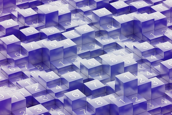 Infinite cubes with random numbers on purple blocks.
