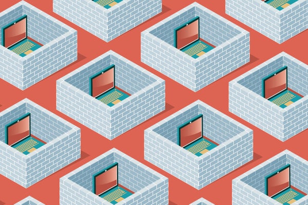 Illustration of laptops separated and surrounded by brick walls