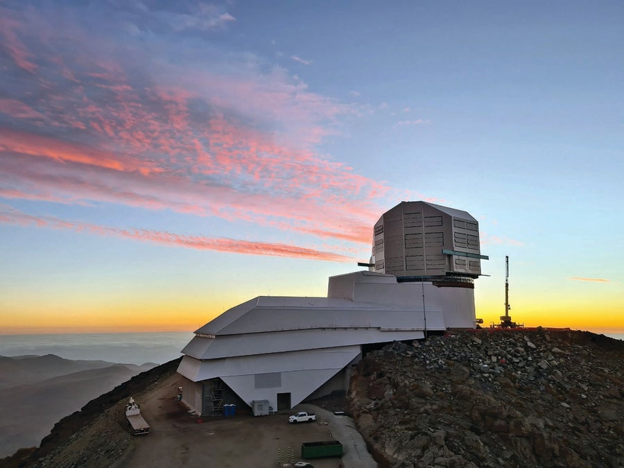 A landscape view with telescope at sunset.