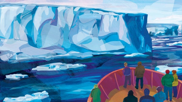 Illustration of people on a boat approaching an iceberg.