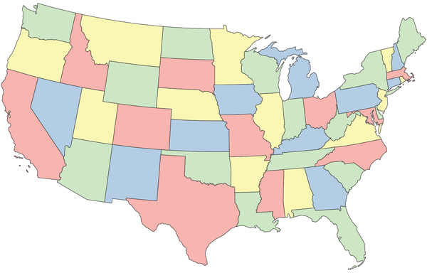 United States map with states colored in different hues