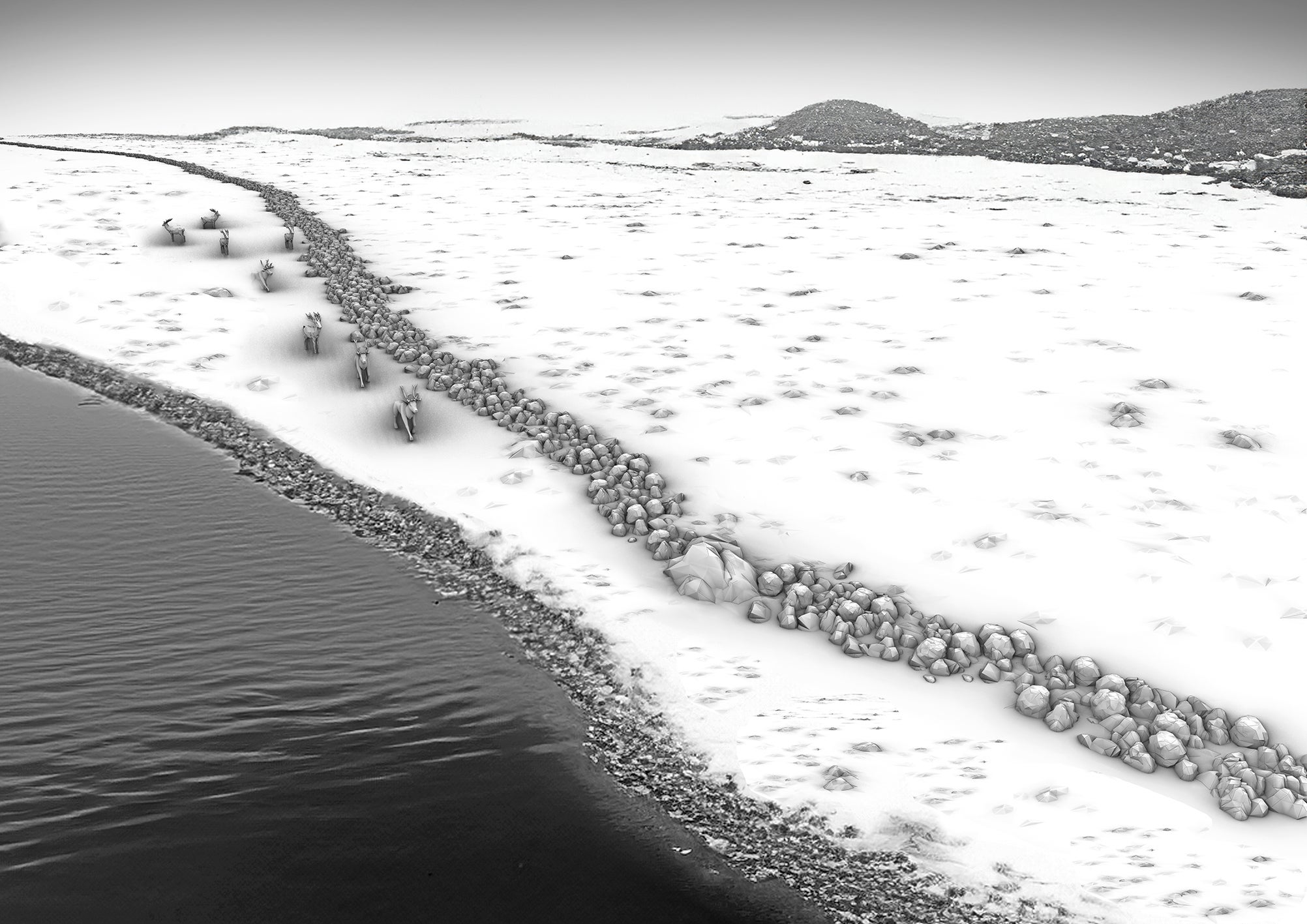 Artist's impression of a Blinkerwall (stone wall) in snow next to river