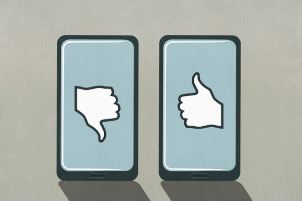 Thumbs up and thumbs down symbols on smart phone screens