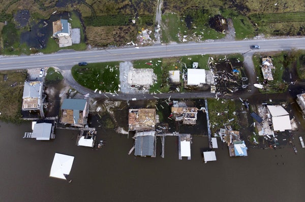 Aerial view of flooded and destroyed homes