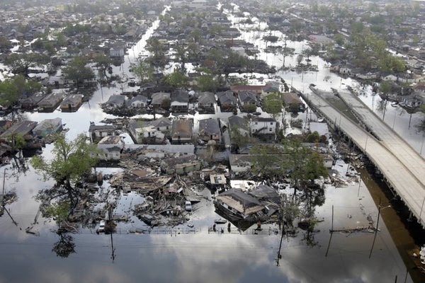 Aerial view of flooded New Orleans' homes after Hurricanes Katrina and Rita.