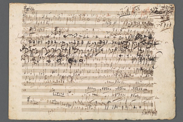 Beethoven's sheet music with pen notations scrawled across it.