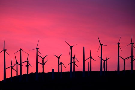 Wind turbines against a dark pink sunset