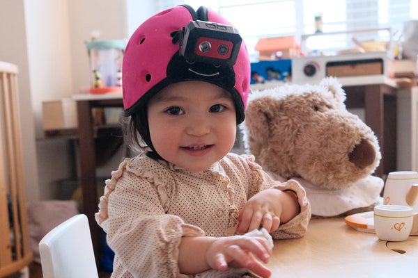 Photo of an 18mo baby wearing a head-mounted camera
