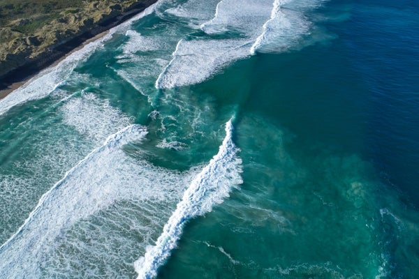 Aerial of rip current at Boulder Beach, Otago Peninsula.