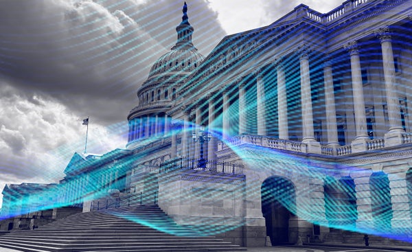 Capitol building in D.C. with blue technology wave