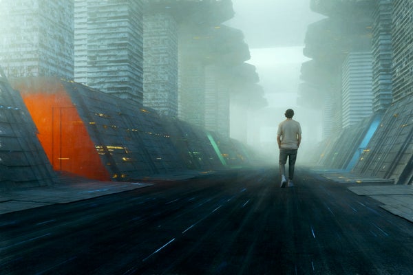 Lonely man walking in futuristic dystopian city.