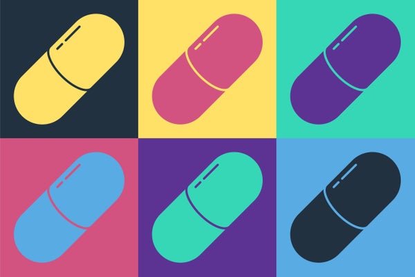 Stock illustration in the style of Pop art, A grid of 6 squares picturing a pill capsule icons isolated on different brightly colored backgrounds