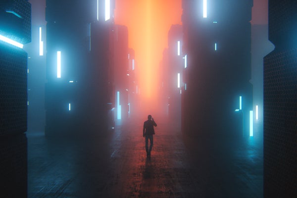 A shadowy man walks through an eerie dystopian cityscape, in an artist's rendering.