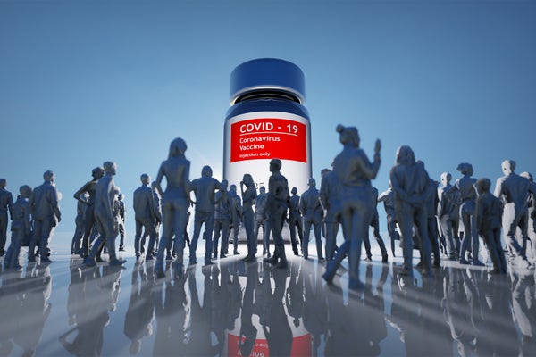 artist's concept, 3-dimensional illustration of large crowd of people gathered in front of a glass COVID-19 vaccine vial towering above