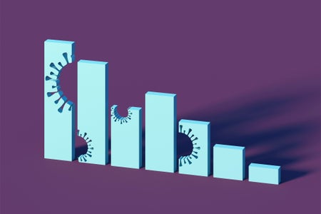 Digital generated image of abstract vertical bar chart with missing bites in the shape of coronaviruses on purple background.