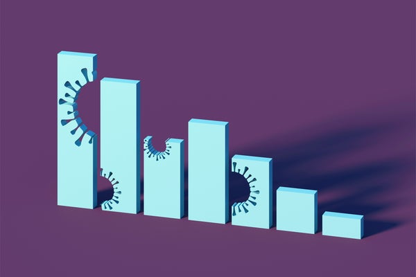 Digital generated image of abstract vertical bar chart with missing bites in the shape of coronaviruses on purple background.