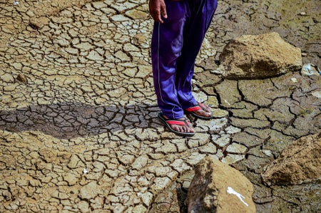 Legs on a man in purple pants and red flip-flops standing in dry river bed.