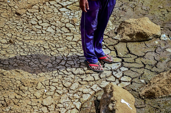 Legs on a man in purple pants and red flip-flops standing in dry river bed.