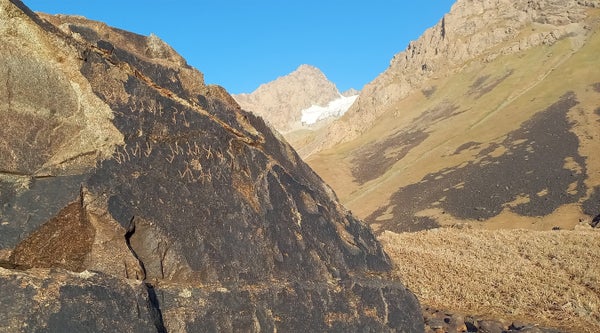 Bactrian and Kushan inscriptions on a rock face near the Almosi Gorge in northwestern Tajikistan.