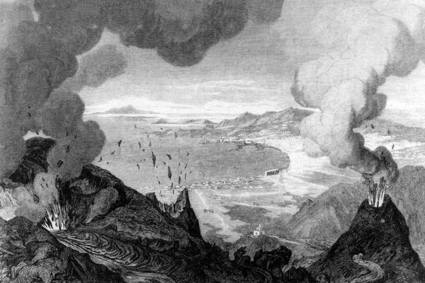 Black-and-white etching showing mountain eruption in landscape.
