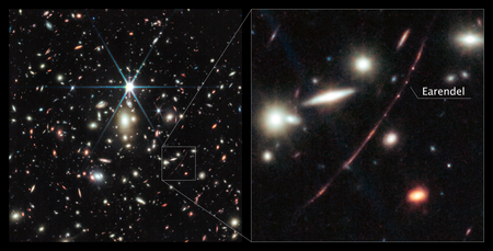 This image from the JWT NIRCam instrument reveals new details about the most distant known star in the universe, Earendel (the dot of light in the zoomed-in inset)