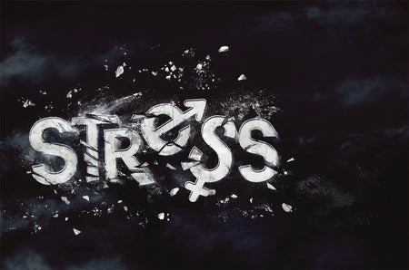 The word "stress" and gender symbols shattered against a dark background.