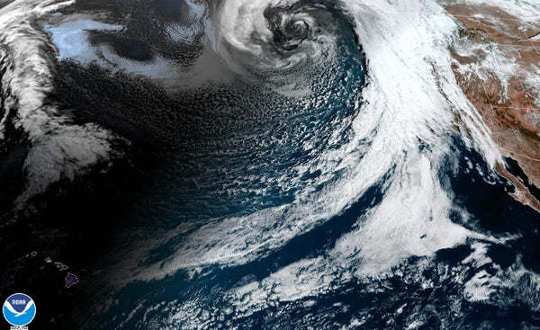 A satellite image shows a powerful atmospheric river
