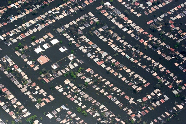 Aerial view of flooded neigborhood in New Orleans