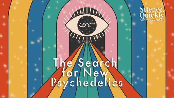 An illustration of a rainbow bridge leading into an open eye sitting inside a colored arch with the words "The Search for New Psychedelics" in the center