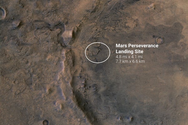 The white oval near the center of this orbital image shows the landing ellipse for NASA's Perseverance rover, the location in Jezero Crater on Mars where it is expected to touch down on February 18, 2021.