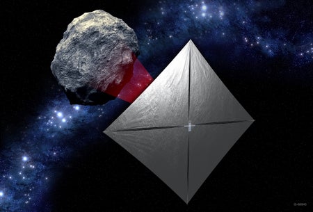 Illustration of square-shaped sail with asteroid in distance