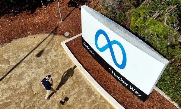 Meta (formerly Facebook) corporate headquarters sign aerial.
