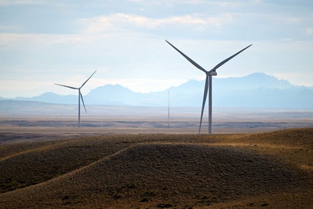 2 wind turbines in flat landscape with soft sky and mountain backdrop