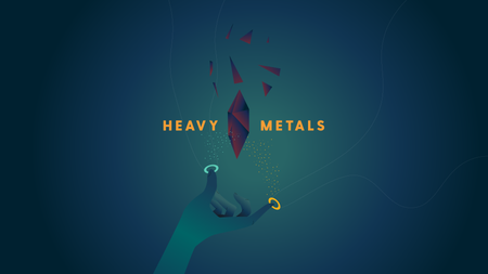 An illustration of a hand holding two rings on  with the words heavy metals and a crystal visible above