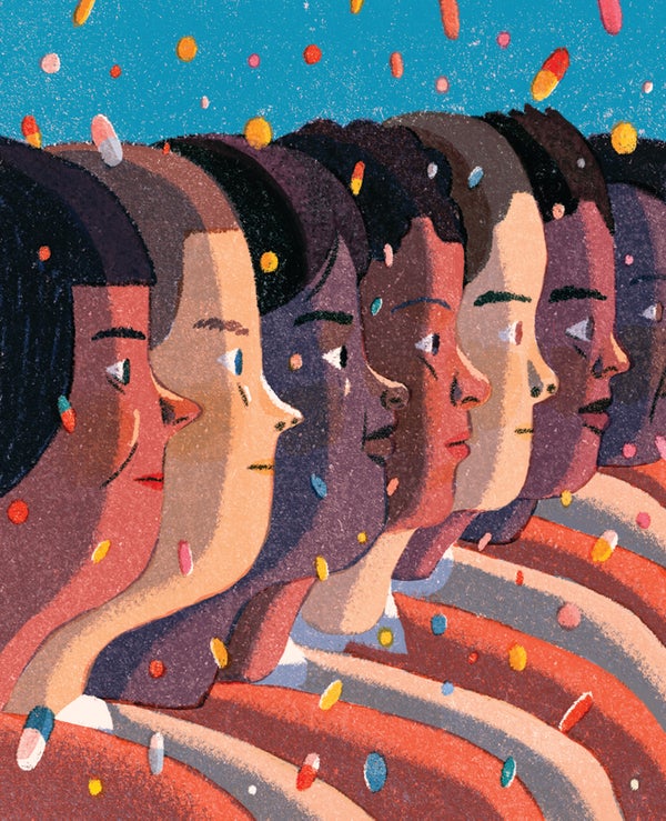 Row of people (illustration) each with a different skin tone.