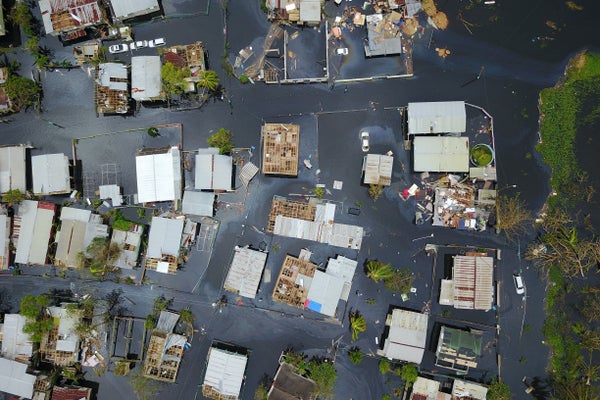 An aerial view shows the flooded neighborhood of Juana Matos in the aftermath of Hurricane Maria in Catano, Puerto Rico, on September 22, 2017.