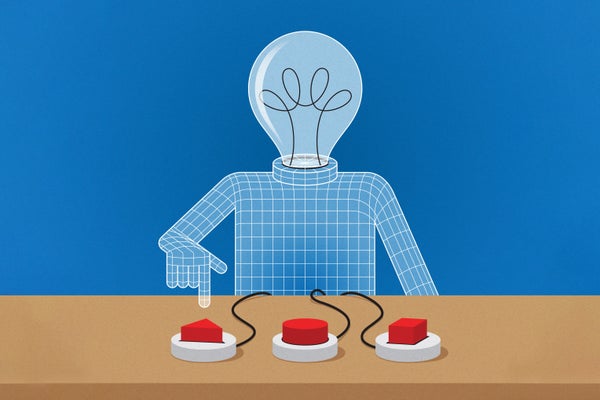 Illustration of a person with a lightbulb for a head pushing a button.
