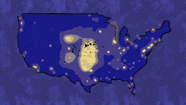 An illustrated map of the U.S. with glowing lights and silhouettes of birds against a deep blue background