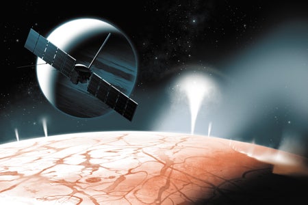 Artist's conception of Clipper spacecraft above the surface of Europa.