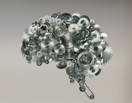 Machine cogs and chains forming brain stem