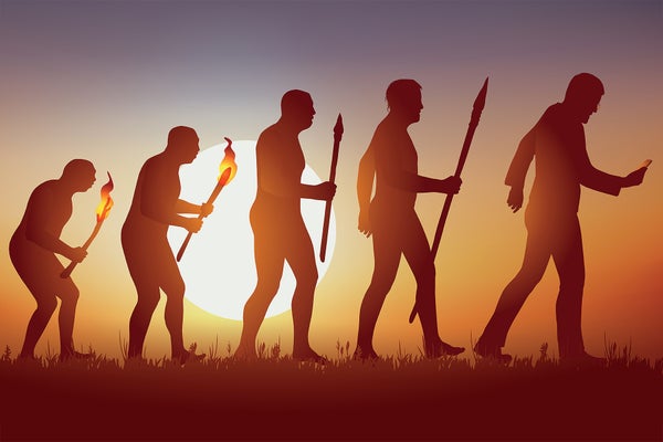 Illustrated concept of evolutionary human history from a pre-historic man carrying a crude torch to a present-day holding a modern smartphone