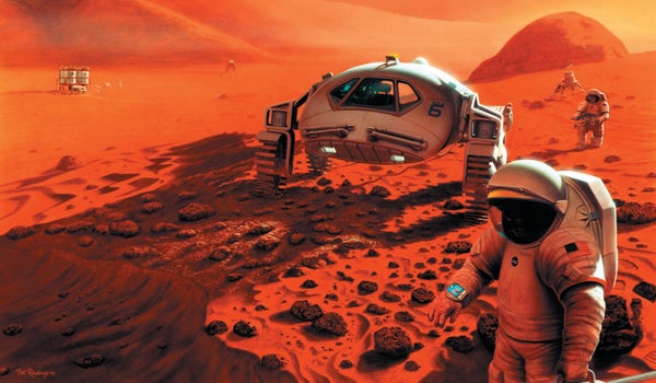 Illustration showing red Mars landscape with suited people and rover.