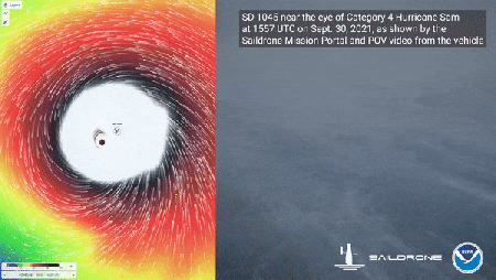 A split screen showing a visualization of Hurricane Sam winds and placement of the Saildrone, whose view of the conditions on the ocean at the time can be seen at right.