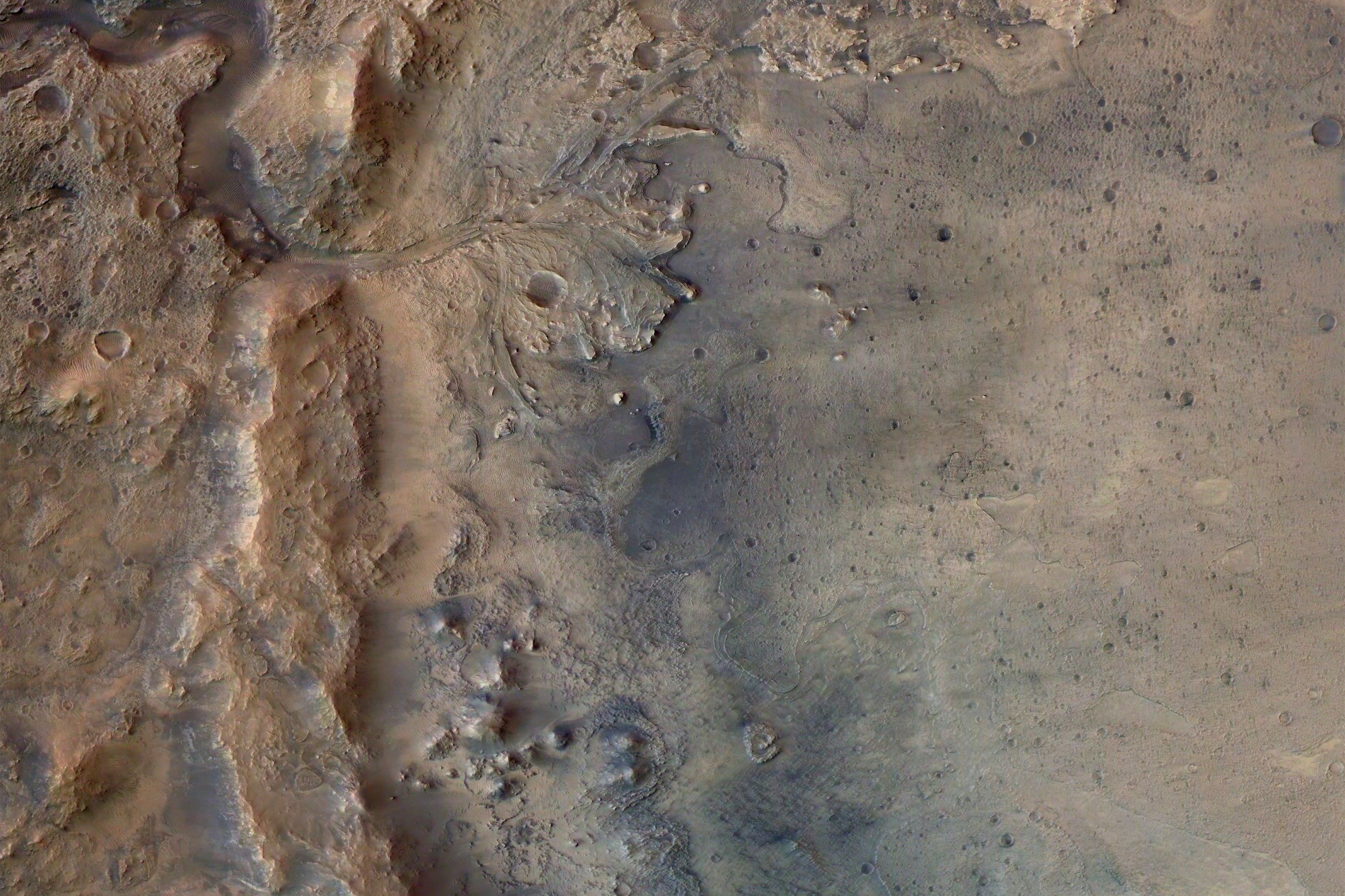 An aerial view of the surface of Mars.