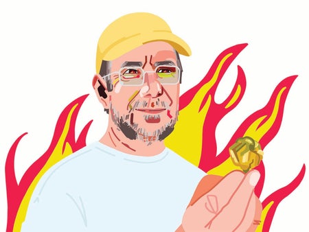 Illustration of Ed Currie holding a pepper with flames from a fire behind him.
