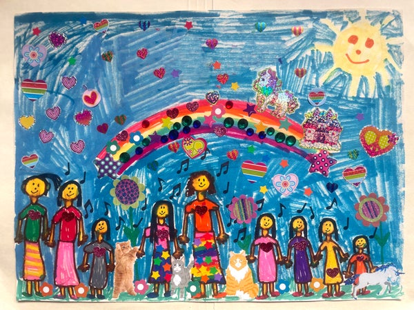 A colorful painting showing children holding hands and rainbow and hearts above them