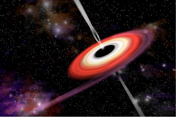 An artist's depiction of a black hole and it's accretion disk in interstellar space pulling in gas and dust from a nearby nebula.