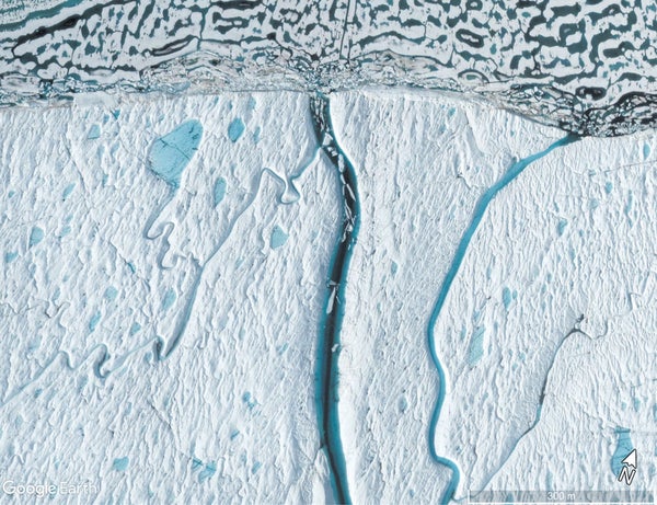 Google Earth image that revealed a meltwater river's backward flow.