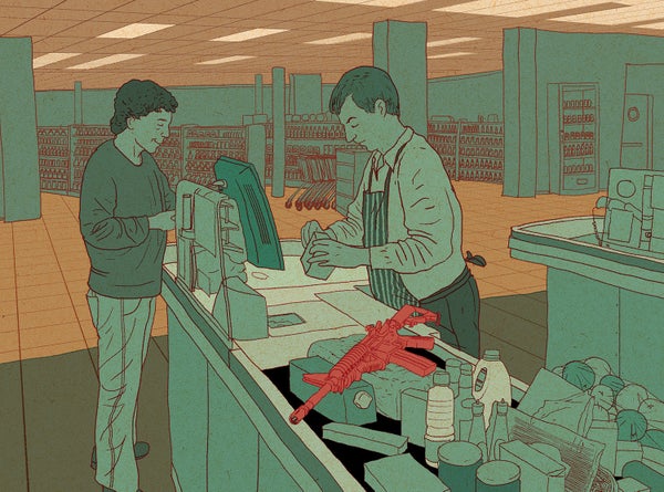 Illustration of a customer purchasing a gun in a grocery store checkout line.